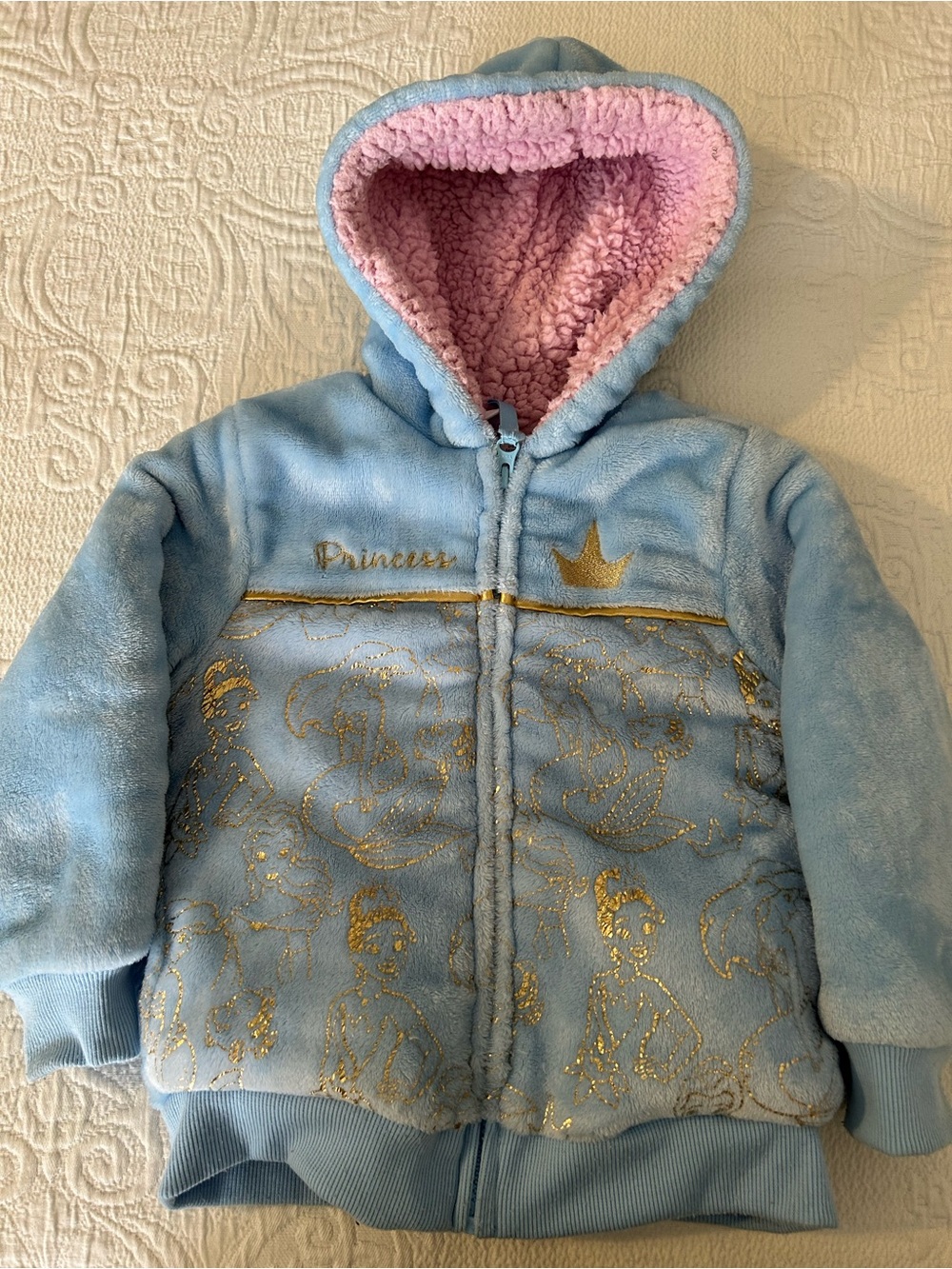 Disney Light Blue Hooded Puffer Jacket with Pink Sherpa Lining and Gold Details